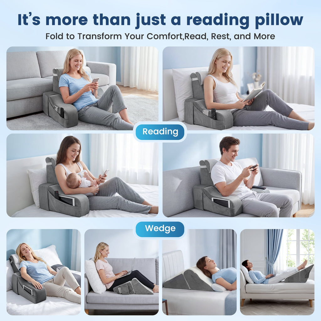 AMTPM Reading Pillow with Armrests, 2-in-1 Wedge Reading Pillow, 20°-55° Adjustable Bed Rest Pillow with Armrests, Convertible Wedge Pillow for Reading, Gaming, TV